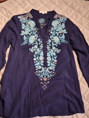 Solitaire Navy Tunic with Aqua Floral Embroidery